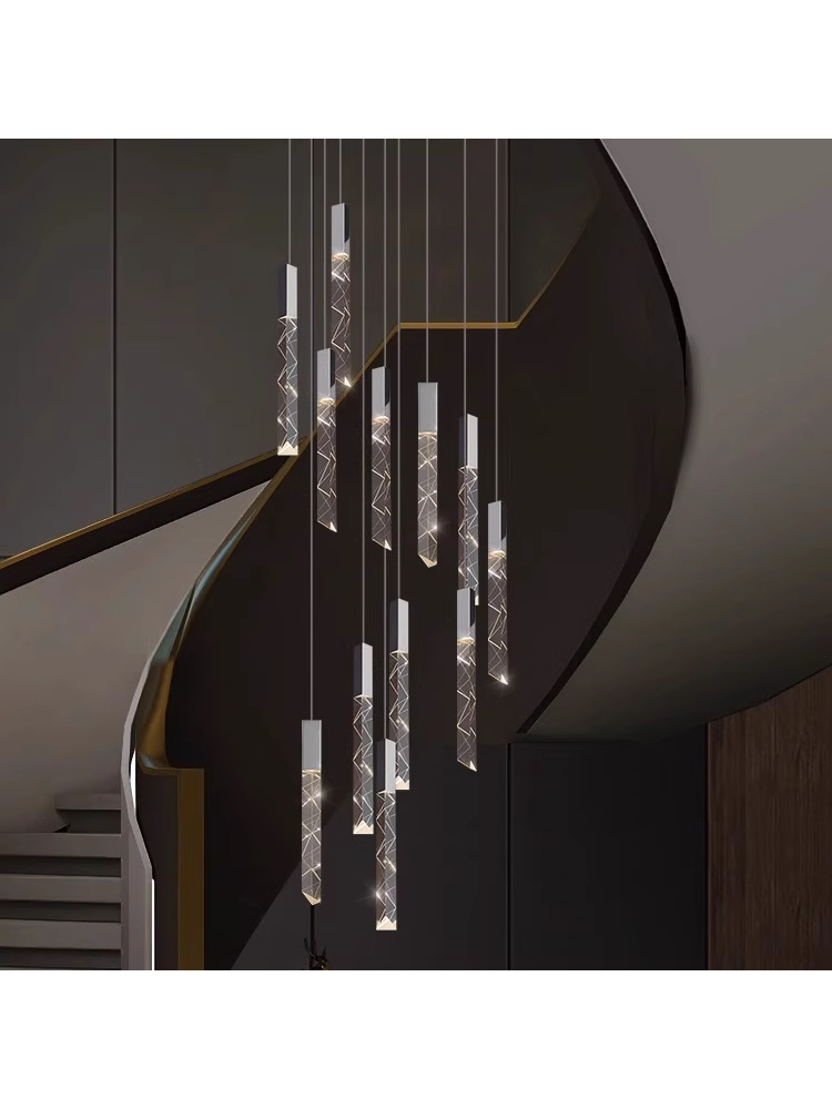 楼梯吊灯水晶轻奢北欧长条餐厅吧台客厅挑空旋转别墅覆式楼大吊灯