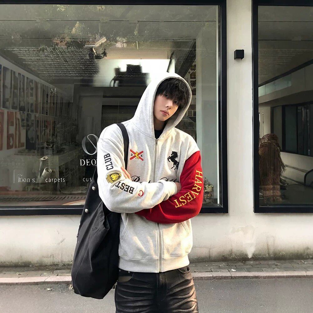 美式复古撞色袖子卫衣男女国潮连帽拉链开衫刺绣宽松休闲百搭外套