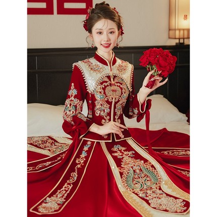 日本品质丝绒秀禾服新娘2025新款重工刺绣结婚礼服中式出阁服显瘦