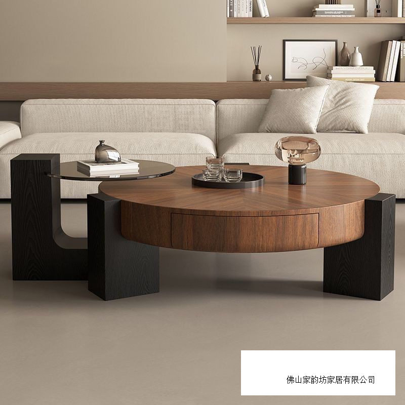 意式极简圆形茶几客厅家用轻奢感设计师中古风胡桃木茶几组合