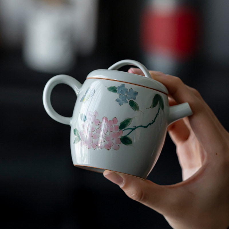仿古青手绘月牙鼓型壶陶瓷手工泡茶壶带过滤单壶高档泡茶器