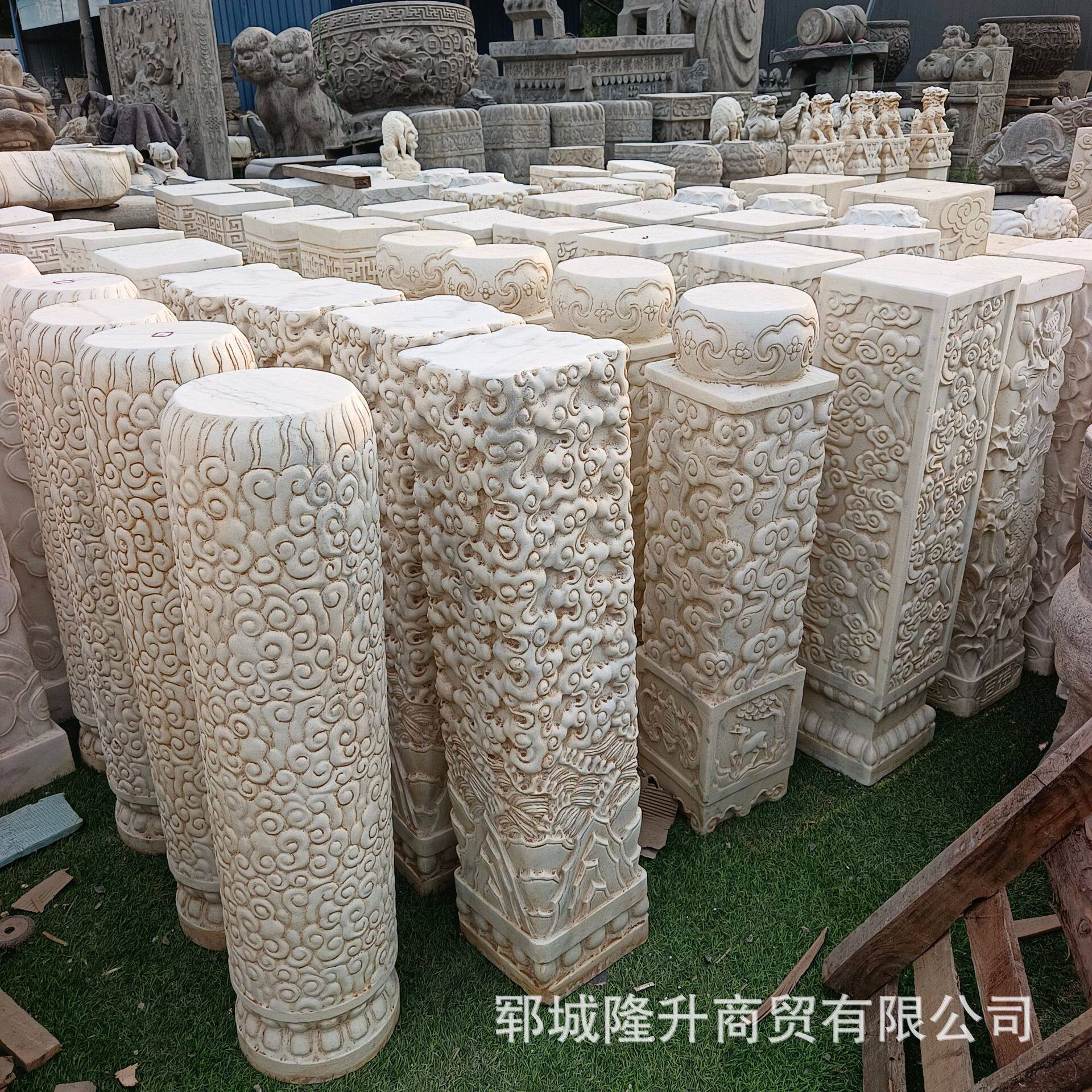 仿古石雕祥云柱中式庭院复古石材花架盆景底座汉白玉做旧云纹石柱