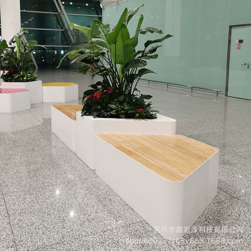 商场休闲椅玻璃钢防腐木座椅机场座椅组合户外长条坐凳多边形坐凳