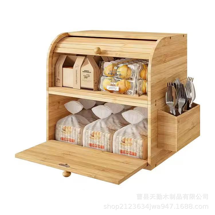 木质面包箱厨房台面调料箱翻盖式点心盒双层带餐具支架竹制储物箱