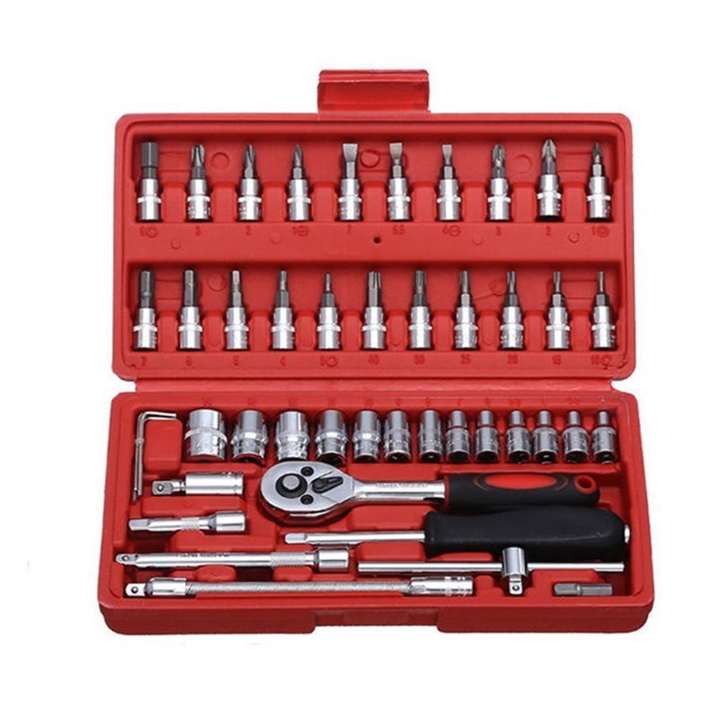 热销46件套筒扳手工具组合1/4小飞棘轮扳手汽修小V套筒套装五金工