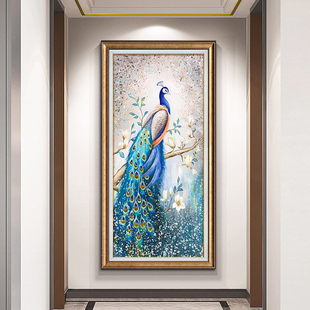 孔雀玄关装d饰画正对墙走廊过道挂画手绘油画肌理画客厅壁画2023