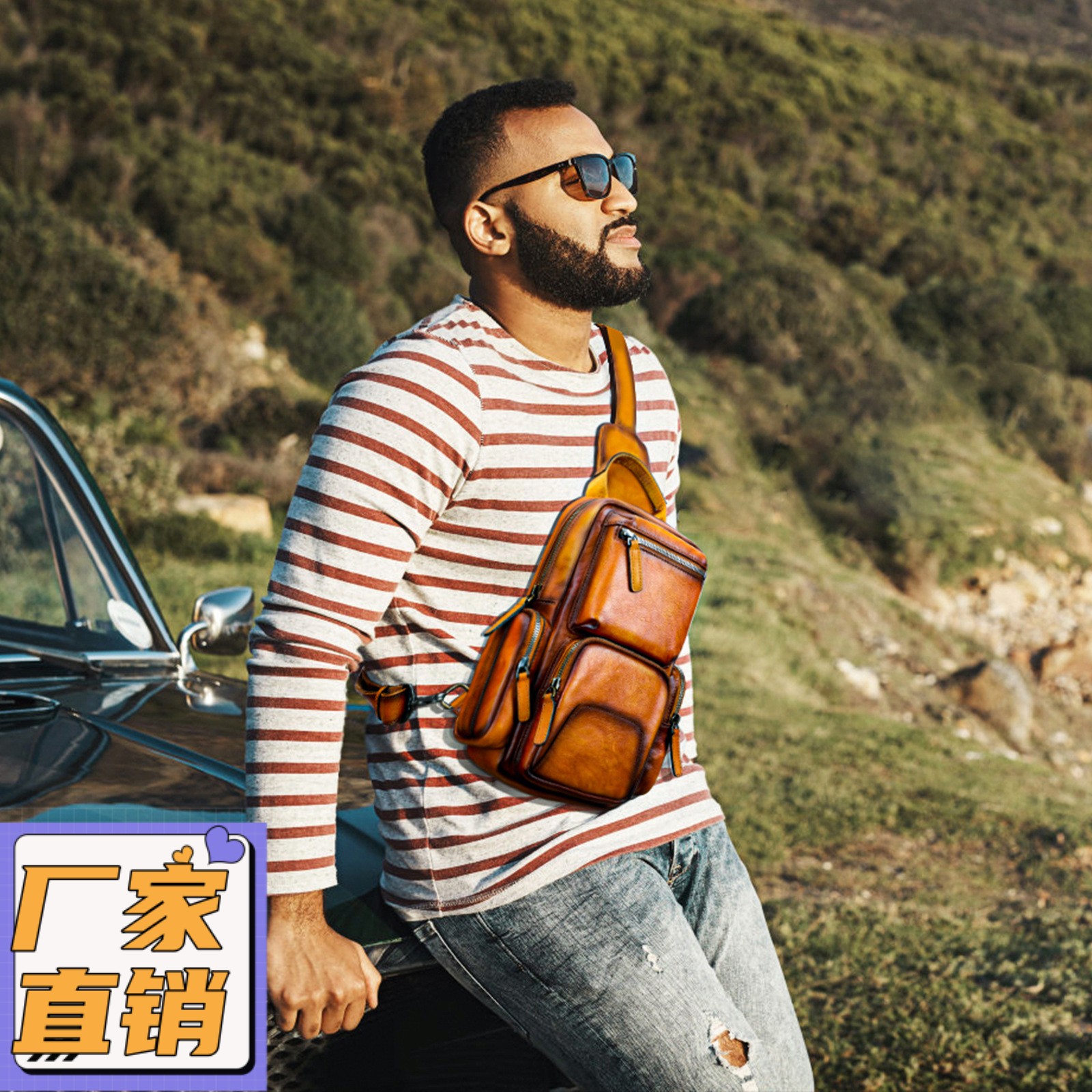 新款真皮男士胸包树膏皮擦色休闲单肩斜挎包头层牛皮小背包gd46