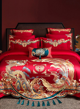 高端刺绣婚庆四件组全棉大红色w140s长绒棉结R婚喜被床上用品十件