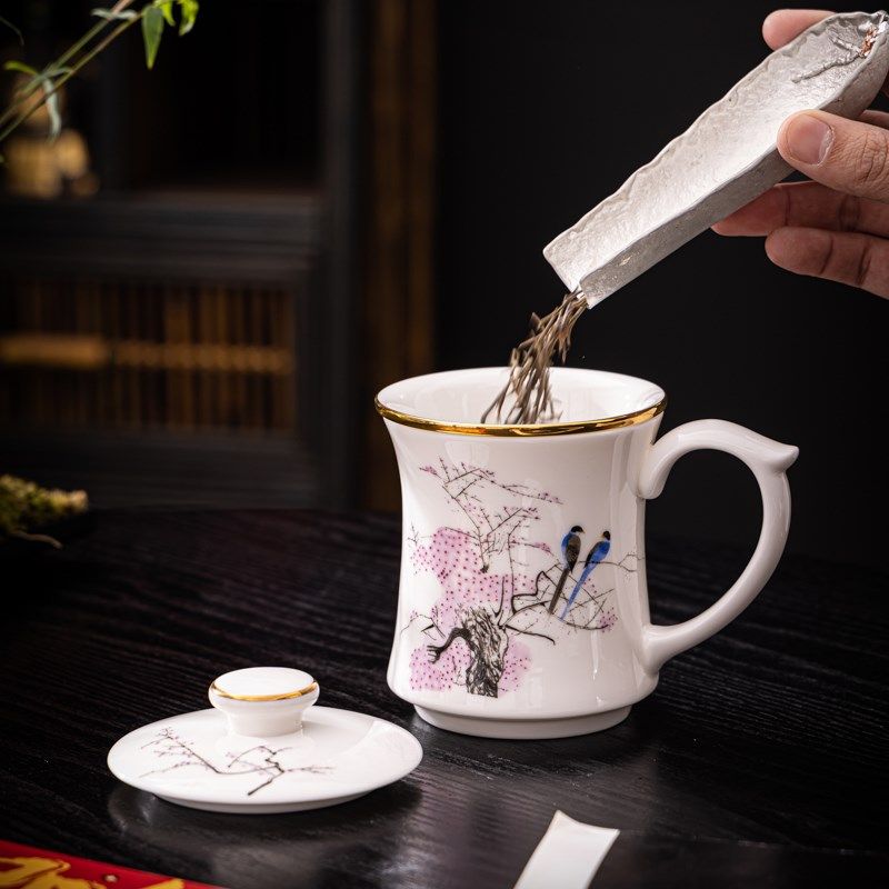 羊脂玉瓷手绘茶杯大容量茶水分离泡茶杯个人专用高档Y办公杯水杯