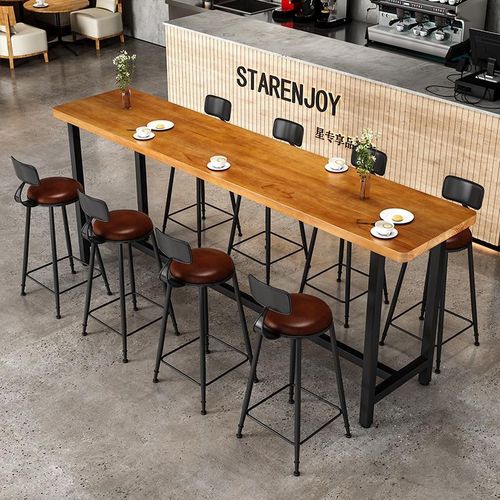 北欧实木高脚吧台桌椅铁艺休闲奶茶店酒J吧清吧桌凳靠墙吧台长桌