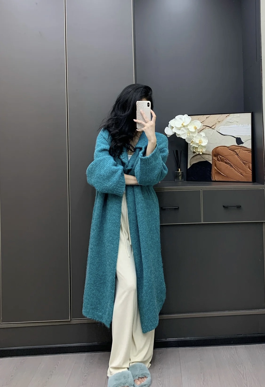 莫希 蓝色显白～慵懒长款毛衣外套秋冬翻领显瘦针织宽松毛衫大衣