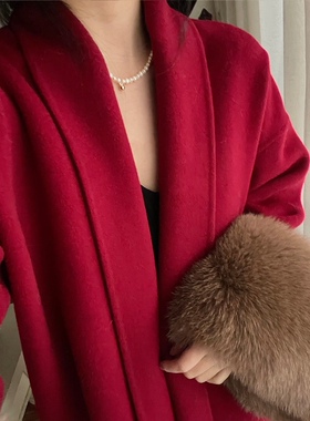 过年战袍复古红澳毛手工双面羊毛呢中长款大衣狐狸毛袖口红色结婚
