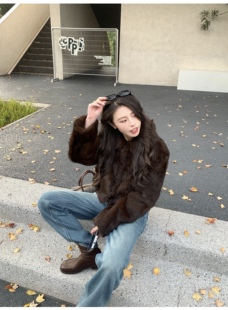 莫希MXON|『上东老钱』咖色整皮兔毛皮草外套短款女立翻领老钱风