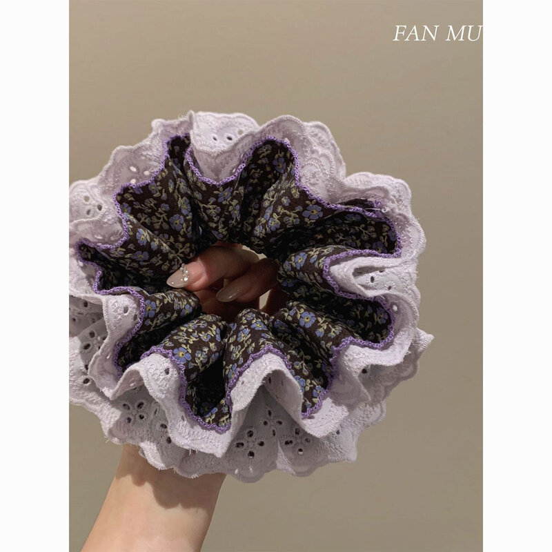 大号百搭紫色碎花蕾丝双层大肠发圈田园风女士扎发皮筋发饰品