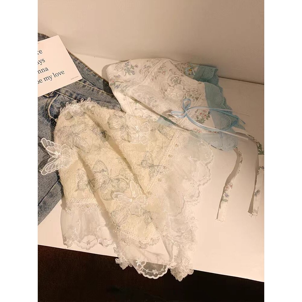 法式复古海边田园薄雾精灵重工蝴蝶蕾丝三角头巾女士发饰