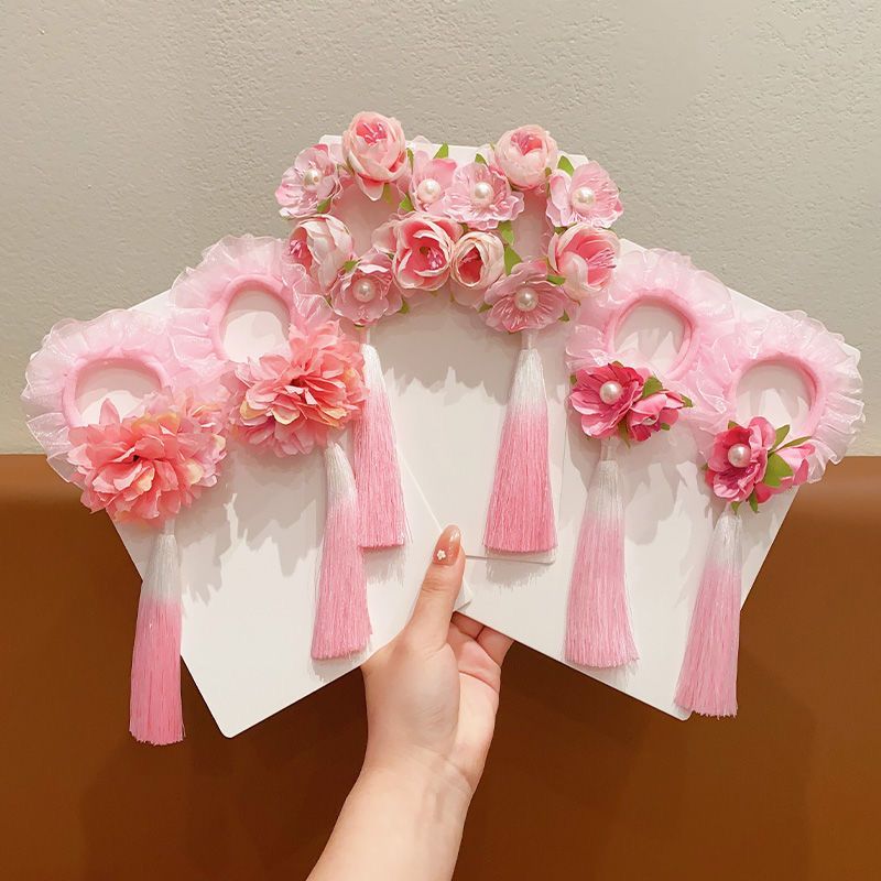 汉服头饰女童扎丸子头发圈儿童饰品头饰花朵发圈旅游拍照流苏皮筋