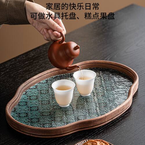 复古家用盖碗壶承壶托海棠花钢化玻璃小型中式茶点收纳盘子