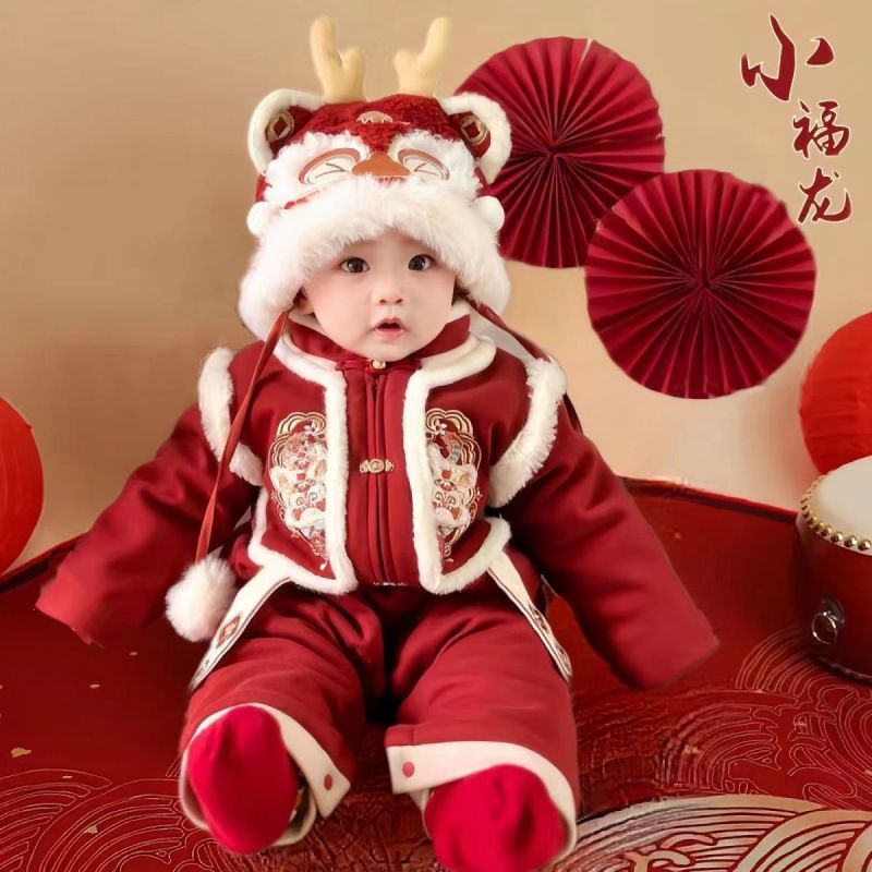 婴儿冬季加厚连体衣服冬装加绒红色喜庆拜年服新年婴幼儿周岁礼服