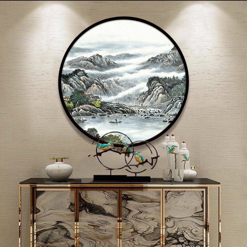 圆形山水挂画客厅装饰画茶室墙面A办公室风景壁画玄关新中式背景图片