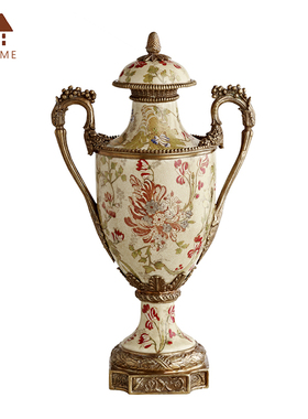 欧式陶瓷配铜美式家居花插果盘客厅玄H关摆件 奢华别墅会所工艺品