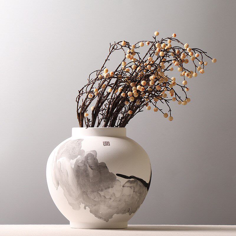 中式罐子手绘陶瓷书剑罐s创意水墨锦鲤磨砂插花装饰样板房书房摆