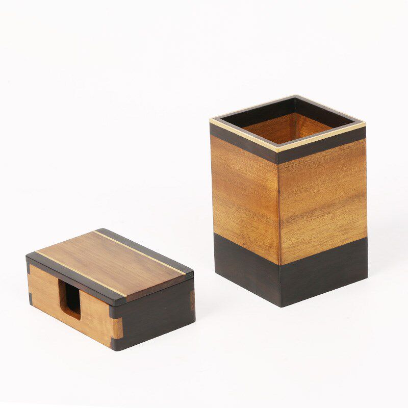 黑檀木质金丝楠黄铜m笔筒镇尺名片盒 红木中式创意桌面办公收纳盒