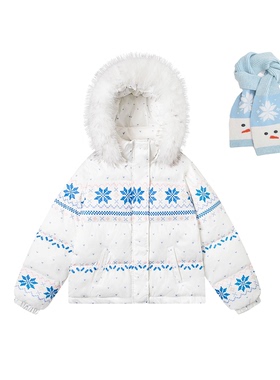 GSGF原创费尔岛雪花设计可拆卸毛领连帽棉服女送围巾秋冬情侣上衣