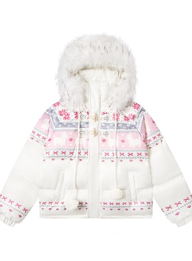 文文不乖原创费尔岛复古雪花兔子印花毛领连帽棉服外套男女棉衣潮