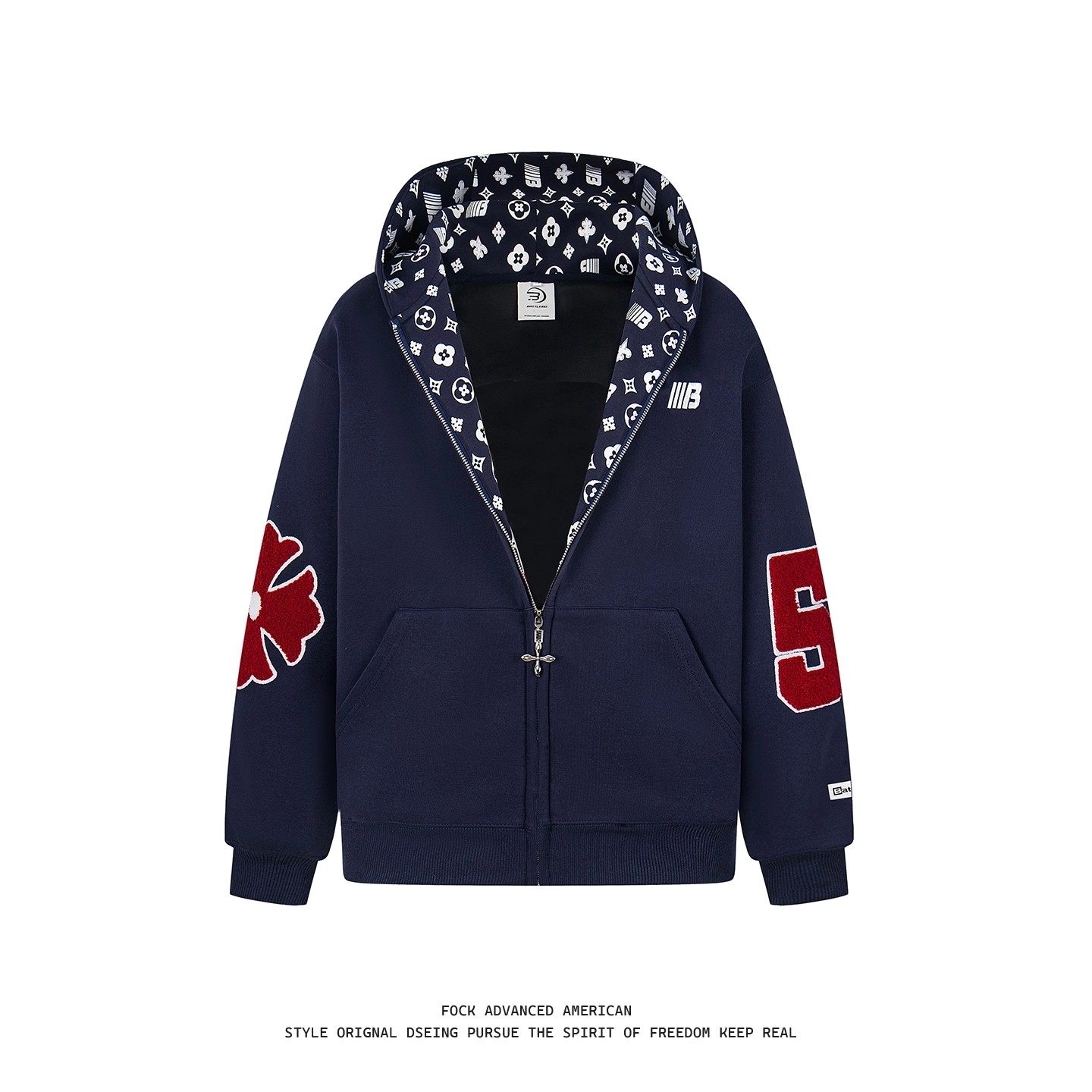 FOCK美式复古字母印花开衫连帽卫衣外套男女秋冬百搭情侣拉链上衣