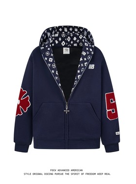 FOCK美式复古字母印花开衫连帽卫衣外套男女秋冬百搭情侣拉链上衣