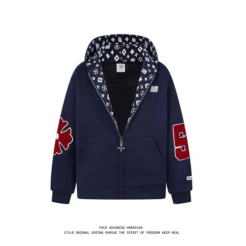 FOCK美式复古字母印花开衫连帽卫衣外套男女秋冬百搭情侣拉链上衣