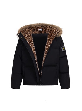 BODK原创美式复古毛领豹纹连帽棉服冬季加厚保暖男女情侣棉衣外套