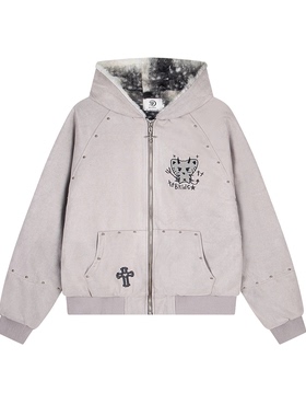 FOCK原创设计恶魔猫咪柳丁麂皮绒加绒情侣连帽外套男女保暖棉衣潮