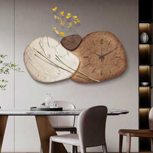 饰画高级感餐厅餐桌边带钟表挂墙创意时钟挂画 石来运转客厅挂钟装