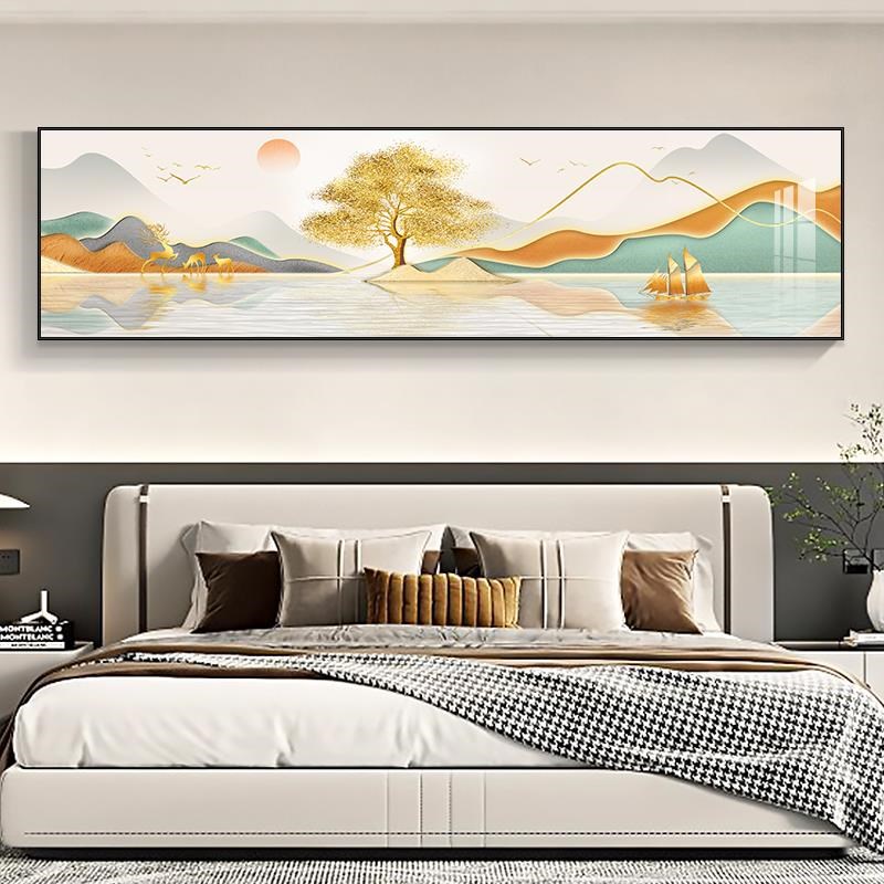 网红轻奢卧f室饰卧主装床头壁现代简约房间横幅挂山水大气