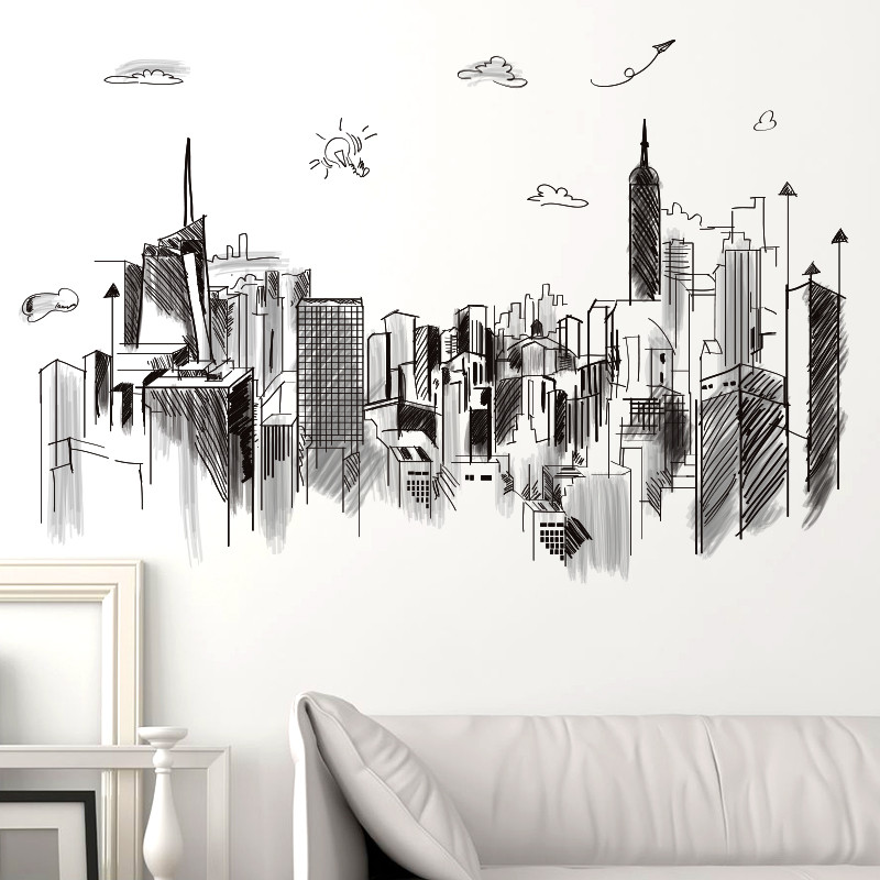 墙贴纸贴画卧室客厅沙发背景墙壁办公室书房装饰创意素描城市剪影图片