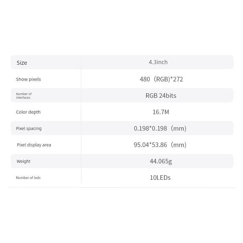 璞致LCD显示屏 4.3英寸 TFT LCD 液晶屏 PZ-LCD430 800x480分辨率