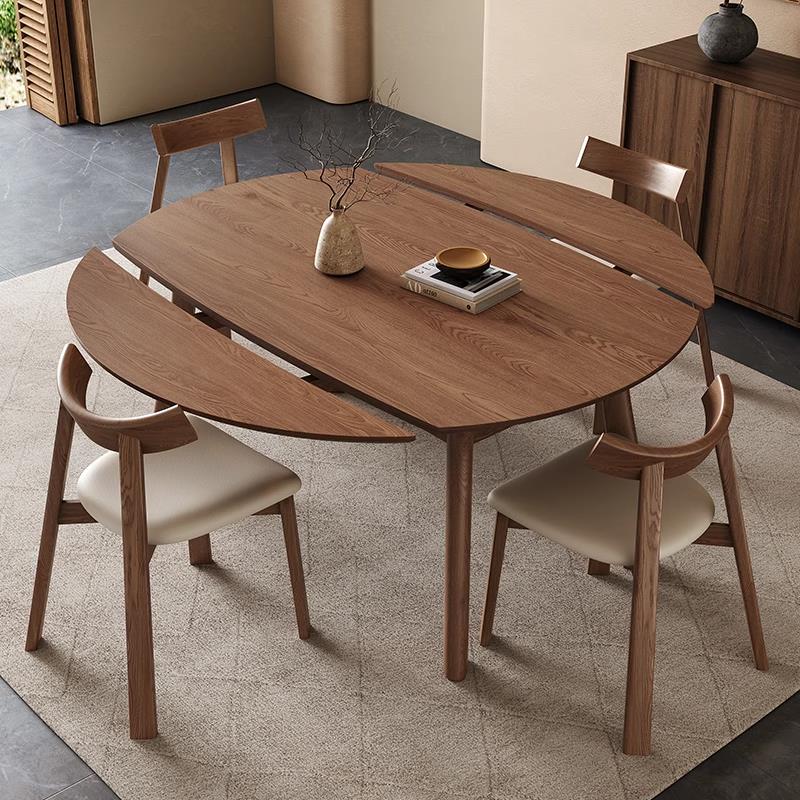 全实木伸缩餐桌可变圆桌子客厅家用小户型胡桃木色折叠圆形饭桌