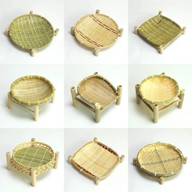 竹编带架篮零食筐簸箕家用水果收纳篮农家饭店餐盘架子篮手工装饰