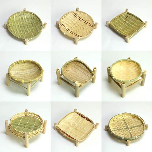 竹编带架篮零食筐簸箕家用水果收纳篮农家饭店餐盘架子篮手工装饰