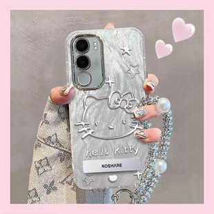 Y55T创意VIVOT1X 适用vivoY50 T时尚 M手机壳Y51S全包Y52S防摔Y53S T2高级U3X网红G2支架精孔羽纱银色KT猫