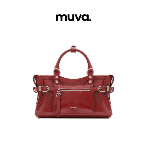 muva.红色机车包女高级感 牛皮手提包通勤质感女包2026年新品