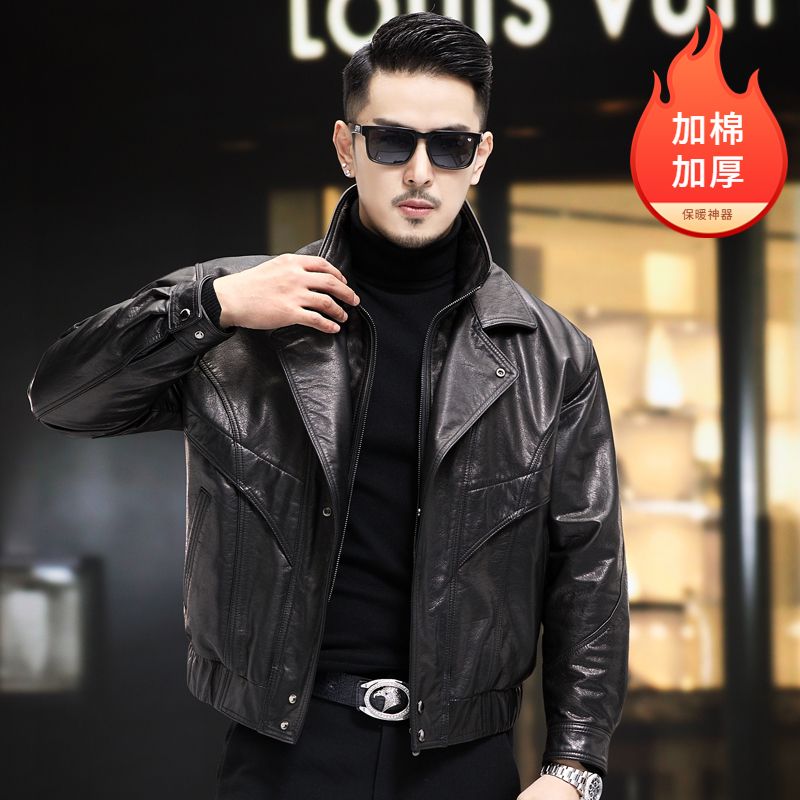 海宁绵羊真皮皮衣外套男修身立翻领短款加棉加厚皮夹克2025秋冬款