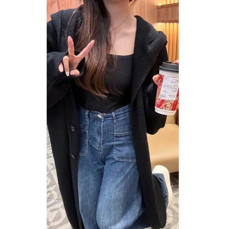 女装慵懒过膝连帽显瘦韩系外套加厚针织KANING风长款冬装宽松开衫