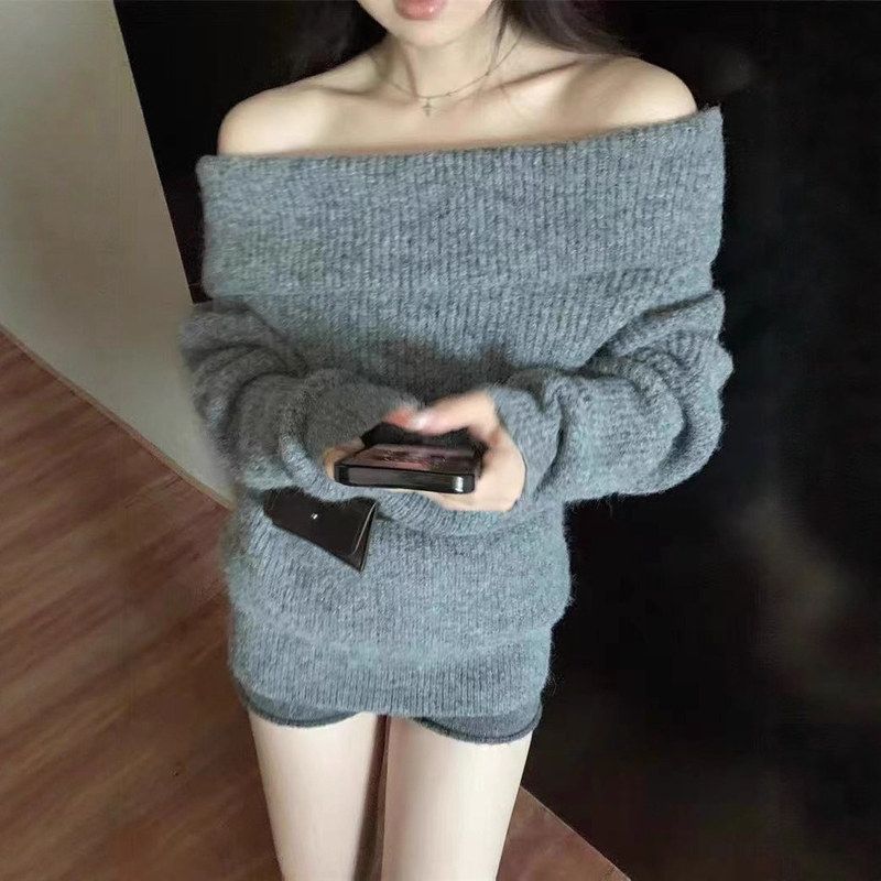 辣妹风灰色坑条一字肩长袖毛衣女装秋季百搭性感宽松上衣