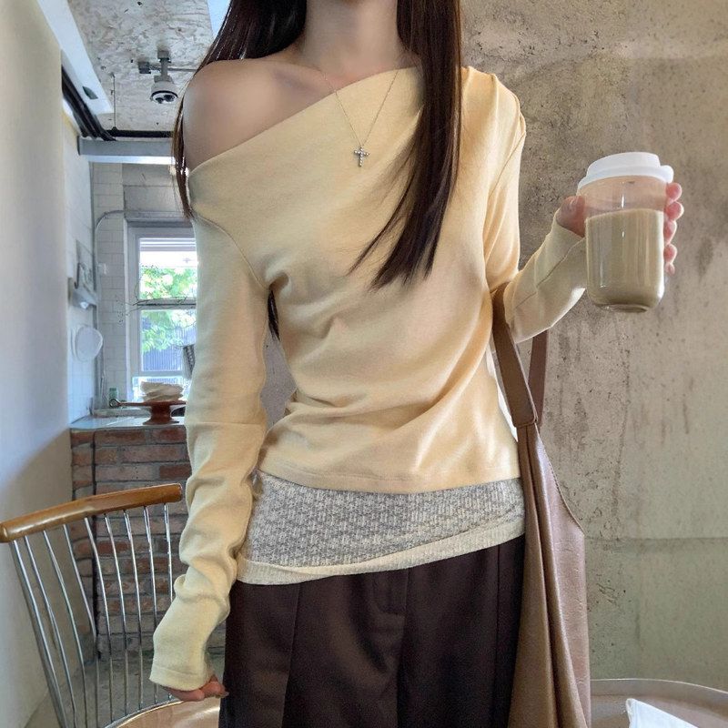 露肩拼接女性感上衣蕾丝秋季假两件小众长袖T恤黄色纯欲修身斜肩
