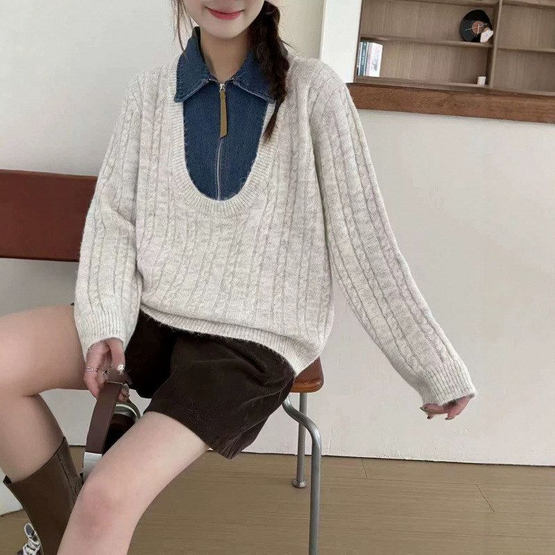 KA秋冬olo女套头毛衣新款领宽松p2026LE假两件休闲牛仔针织衫韩版