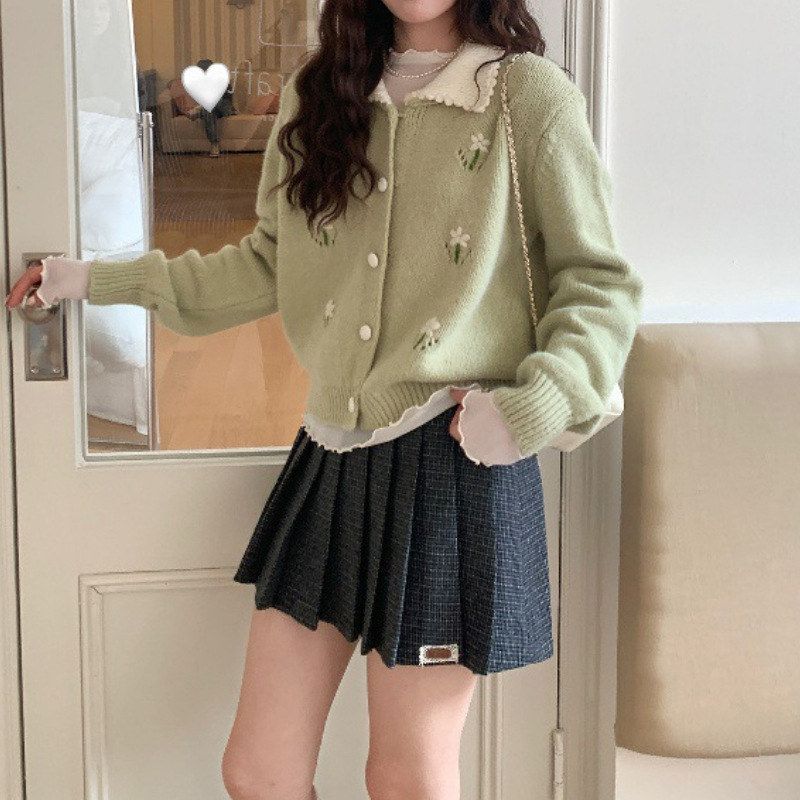 2026开衫花朵毛衣外套娃娃领女LEKA高级感风上衣秋季温柔刺绣针织