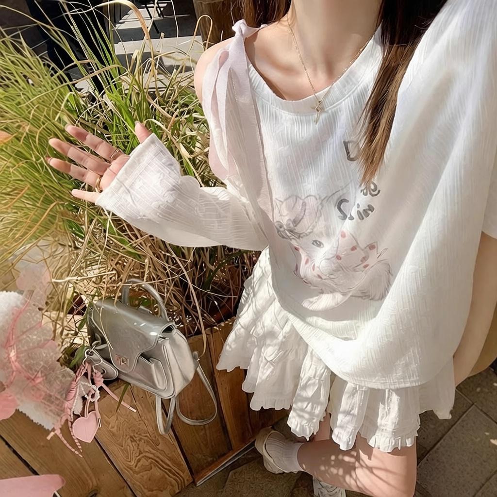 甜美宽松露肩猫咪蝴蝶结印花长袖薄款T恤设计上衣新款防晒女