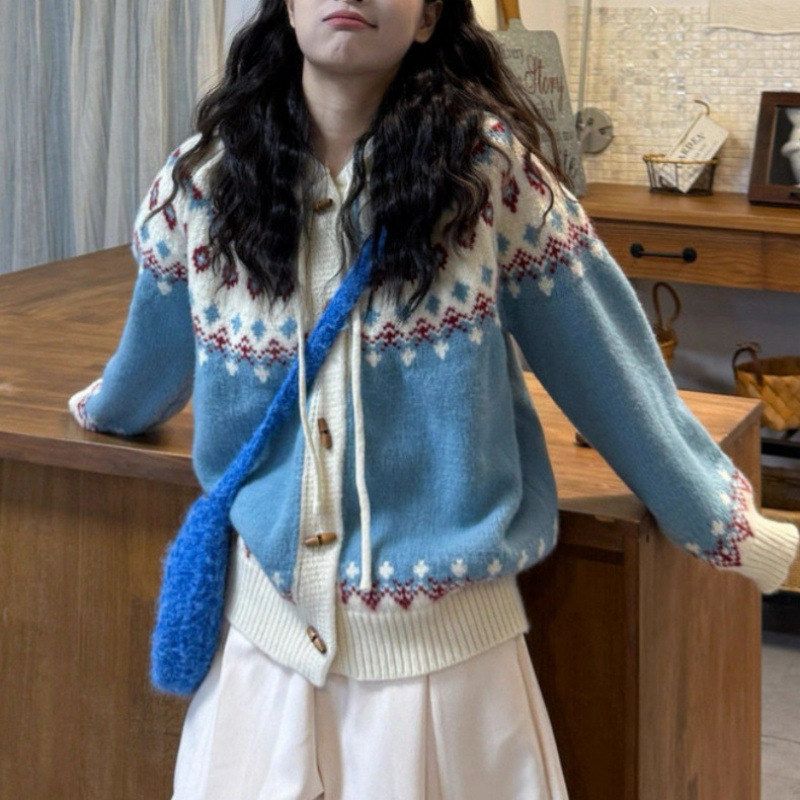 减龄毛衣外套新款费尔岛针织女连帽韩系复古KANING2026秋冬开衫